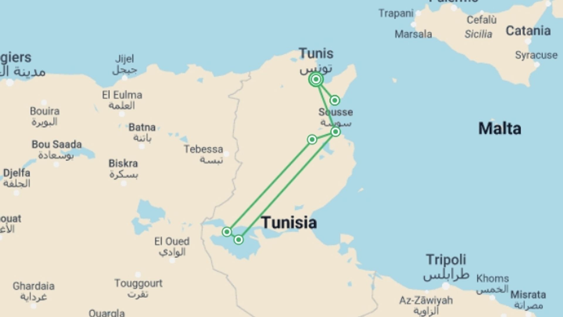 A map showing the tour itinerary for the trip: The Best Of Tunisia & All-inclusive Beach Extension (stay Connected), Small Group Tour, starting in Tunis, Tunisia and ending in Tunis, Tunisia going through 3 other destinations.