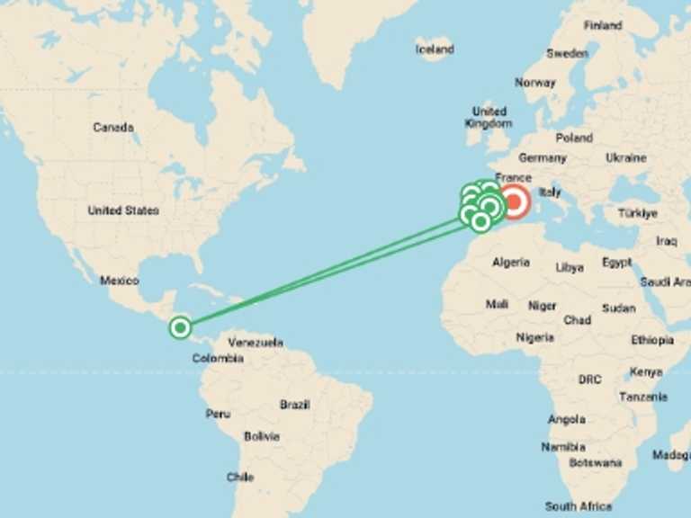 Map itinerary of Spain Tour in March 2027 with 10 destination visits for the trip: Treasures from Spain and Portugal