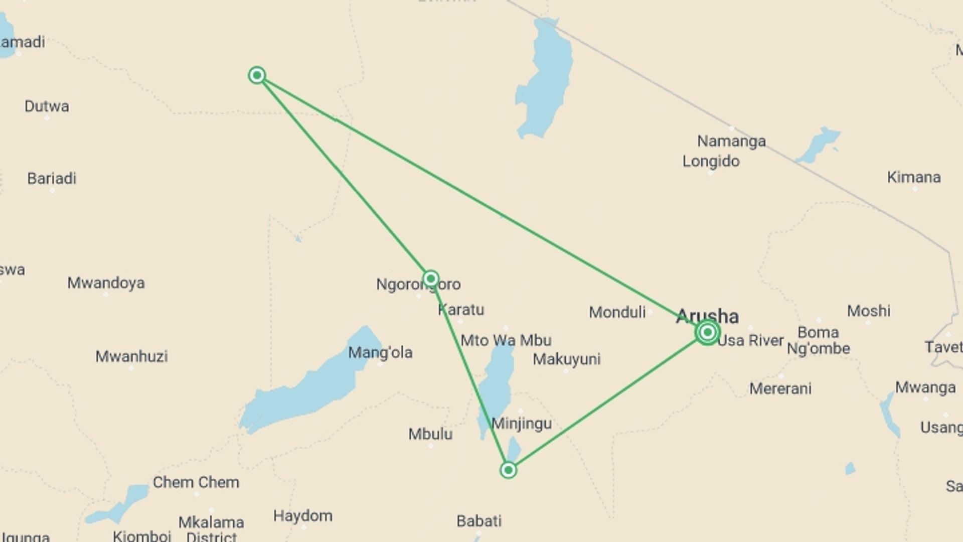 A map showing the tour itinerary for the trip: 4-day safari in Tarangire, Ngorongoro, and Serengeti, starting in Arusha, Tanzania and ending in Arusha, Tanzania going through 3 other destinations.