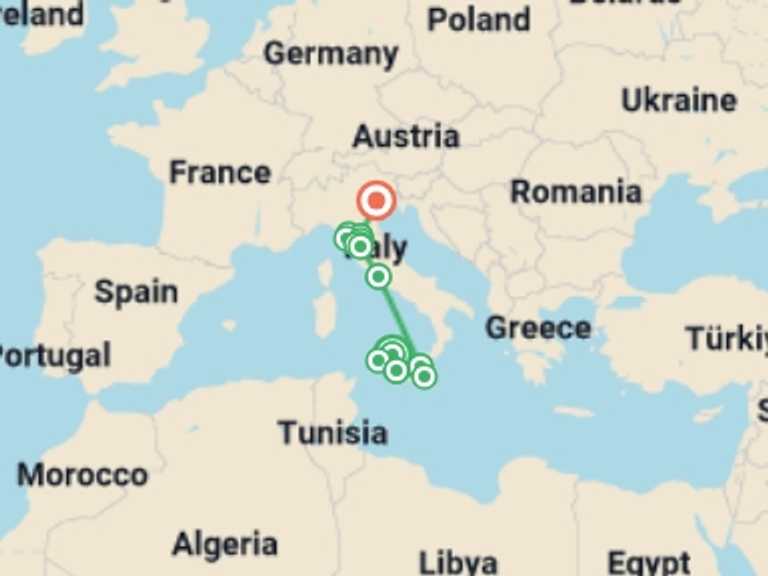Map itinerary of Italy Tour in August 2027 with 10 destination visits for the trip: Premium Sicily and Tuscany