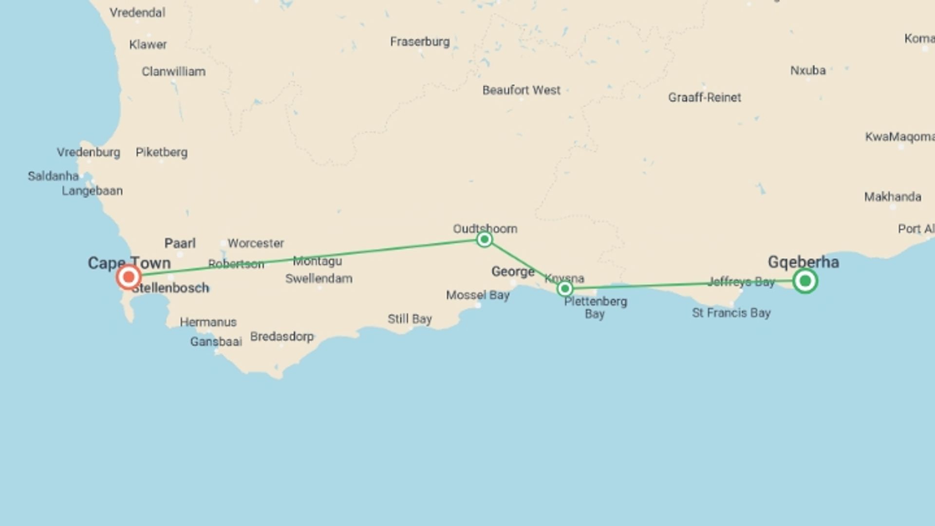 A map showing the tour itinerary for the trip: 3-day Cape Garden Route Express - West Accommodated, starting in Port Elizabeth, South Africa and ending in Cape Town, South Africa going through 2 other destinations.