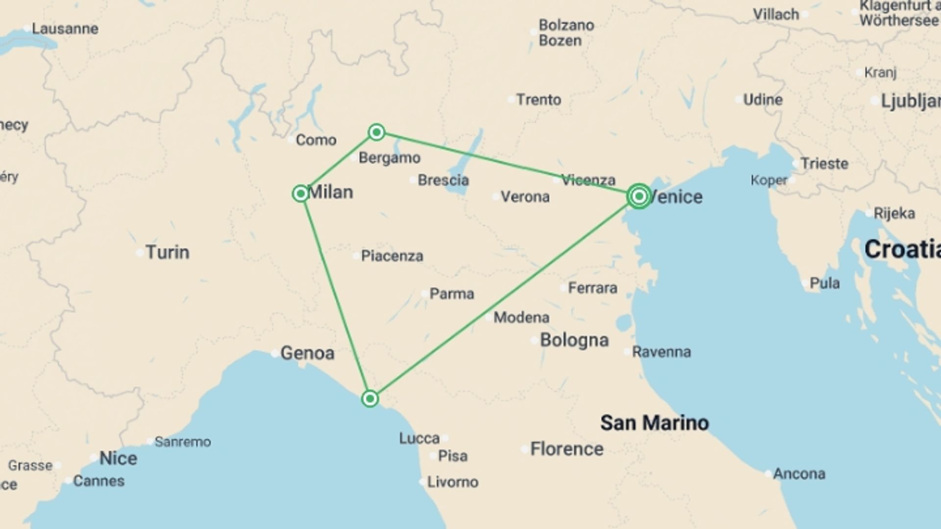 A map showing the tour itinerary for the trip: Venice to Liguria Loop - 11 days, starting in Venice, Italy and ending in Venice, Italy going through 3 other destinations.