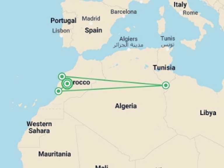 Map of 8-Day Marrakech Tour with 4 destination visits for the trip: Morocco: Marrakech and the Coast
