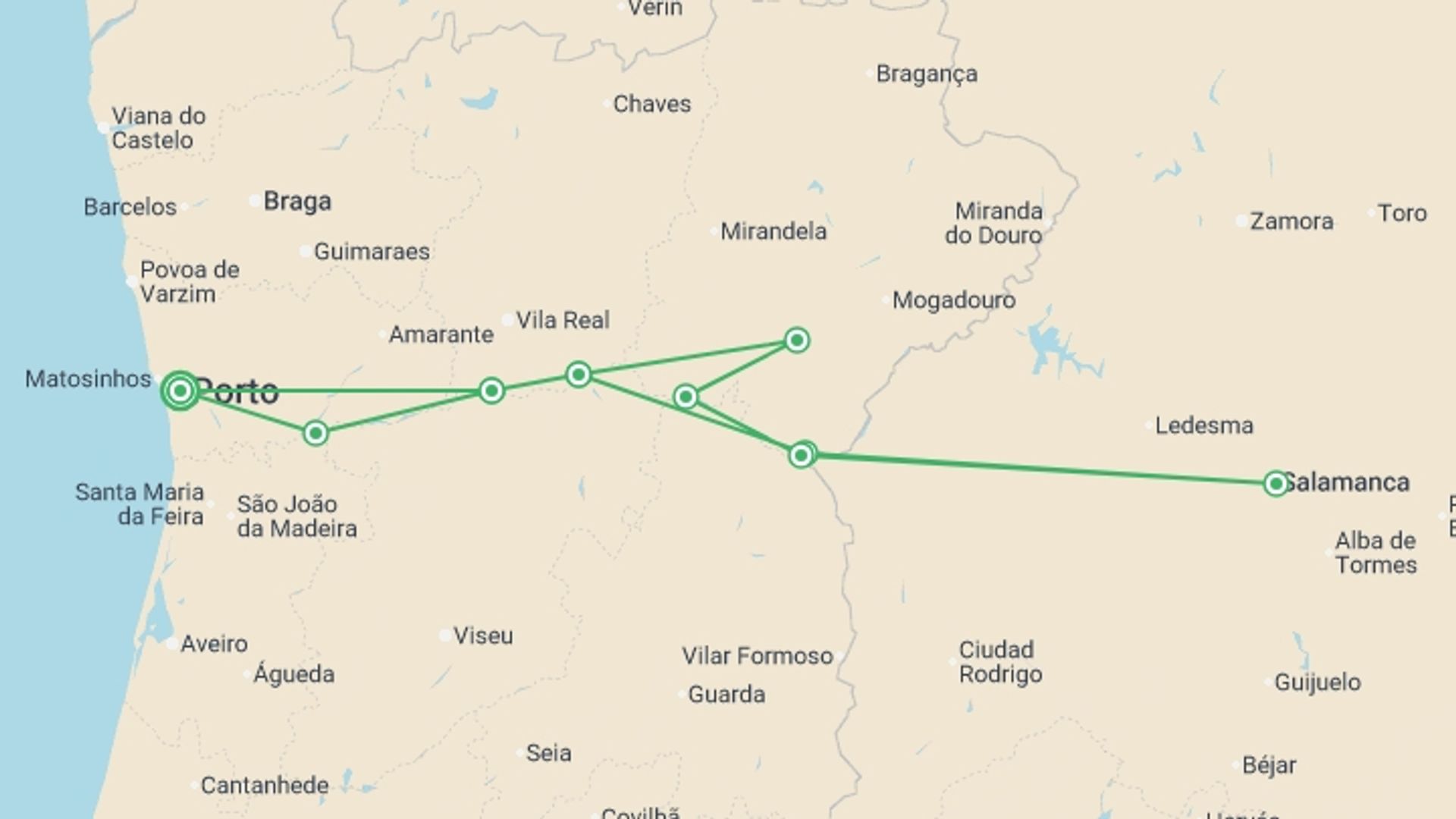 A map showing the tour itinerary for the trip: Cruise and Hikes in The Douro Valley, A Nature Lover's Dream (port-to-port cruise), starting in Porto, Portugal and ending in Porto, Portugal going through 6 other destinations.