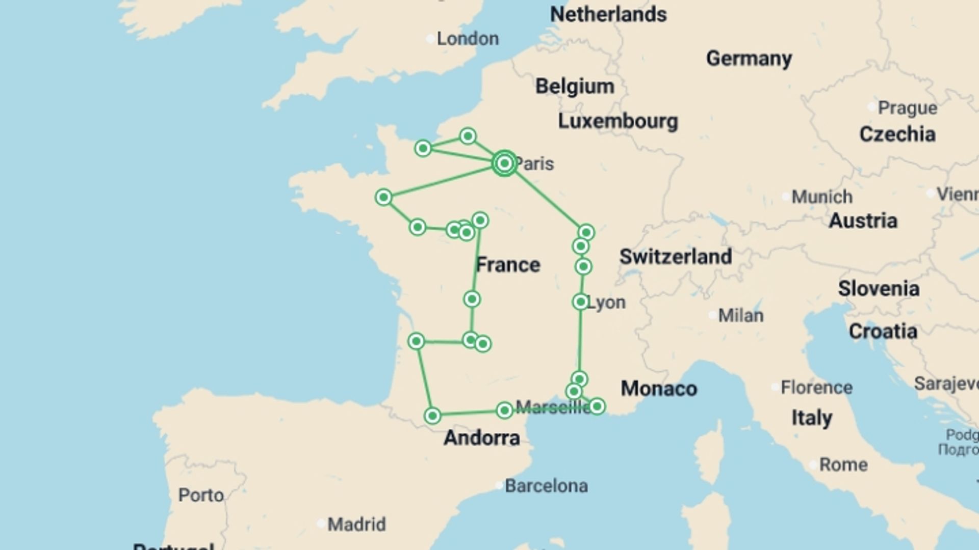 A map showing the tour itinerary for the trip: Explore your France, starting in Paris, France and ending in Paris, France going through 9 other destinations.