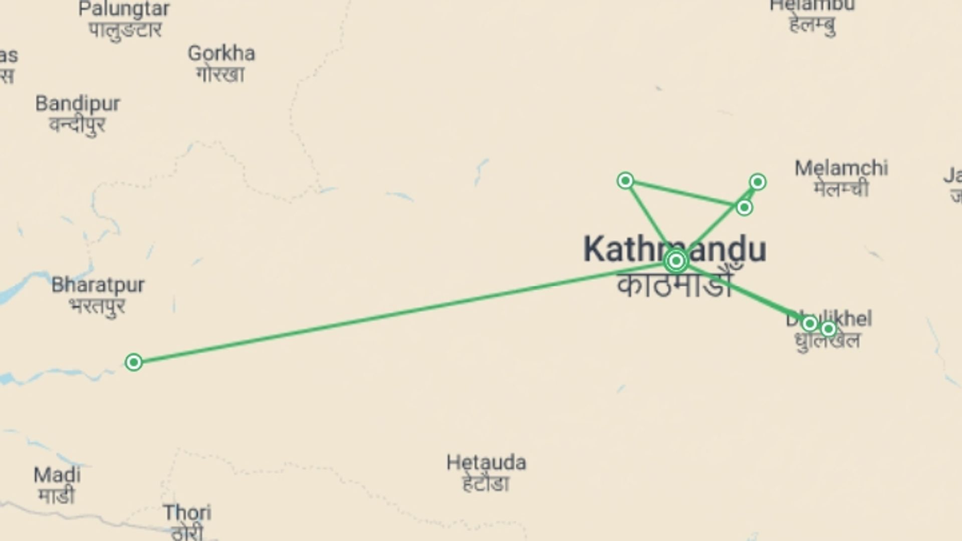 A map showing the tour itinerary for the trip: Biking and Safari Adventure, starting in Kathmandu, Nepal and ending in Kathmandu, Nepal going through 5 other destinations.