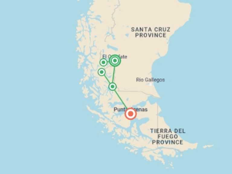 Map of a Adventure Tour with 5 destination visits for the trip: Mountains and Glaciers: El Calafate and Torres del Paine