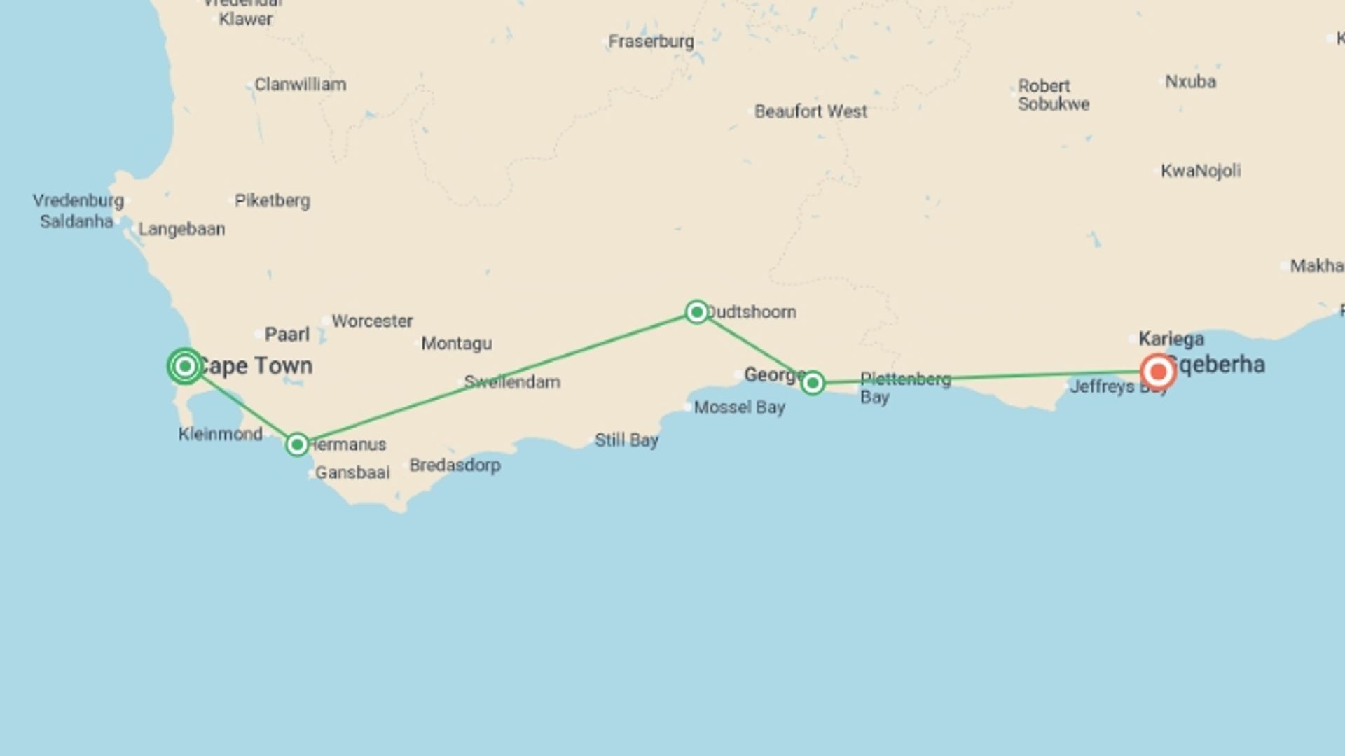 A map showing the tour itinerary for the trip: Cape Town, Garden Route And Eastern Cape, starting in Cape Town, South Africa and ending in Port Elizabeth, South Africa going through 3 other destinations.