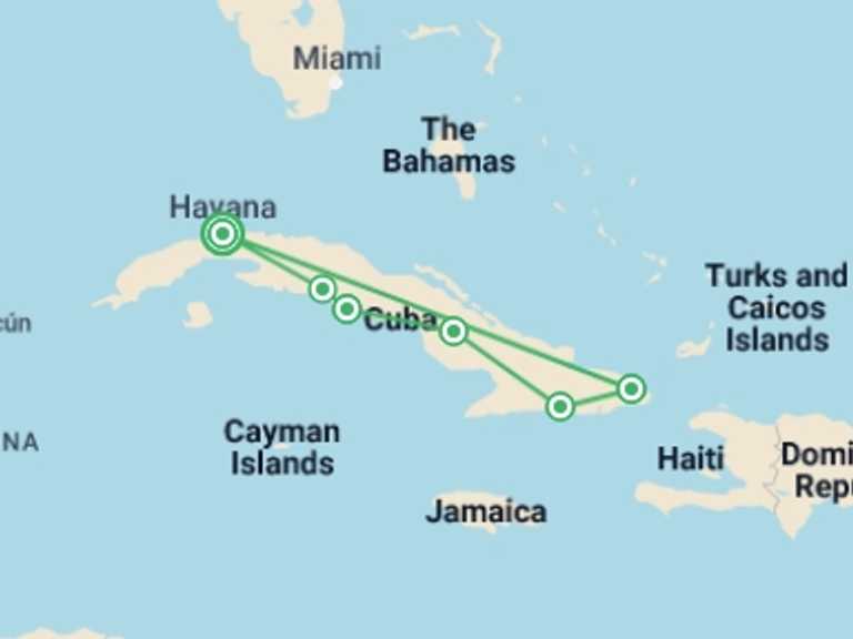 Map of a Local culture Tour with 6 destination visits for the trip: Best of Cuba