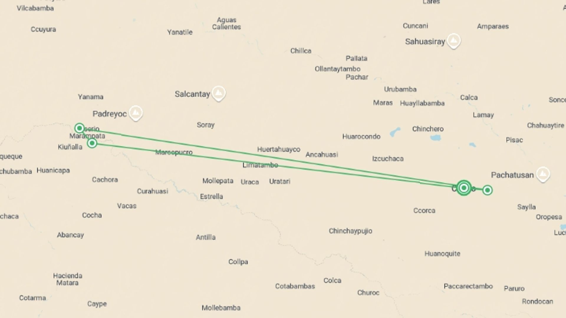 A map showing the tour itinerary for the trip: Choquequirao Trek 5D/4N, starting in Cusco, Peru and ending in Santa Rosa, Peru going through 3 other destinations.