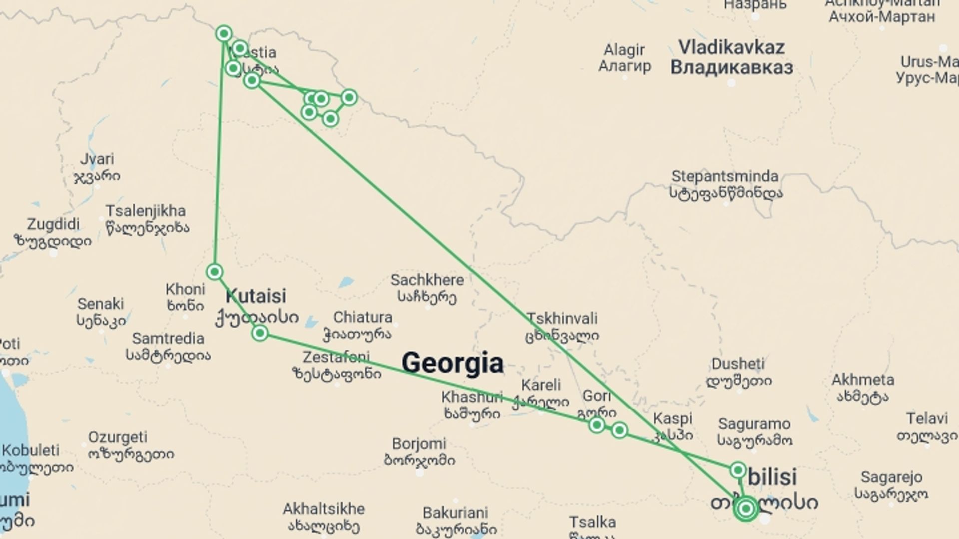 A map showing the tour itinerary for the trip: Transcaucasian Trail Hike Georgia, starting in Tbilisi, Georgia and ending in Tbilisi, Georgia going through 7 other destinations.