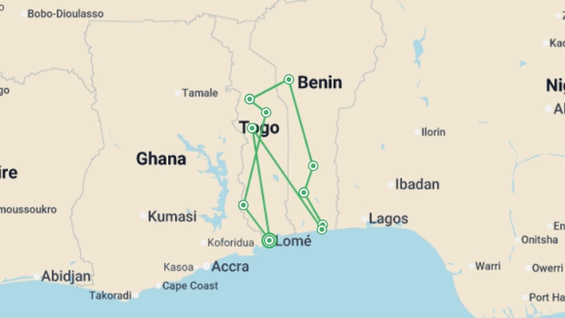 A map showing the tour itinerary for the trip: Benin and Togo Voodoo Discovery, starting in Lomé, Togo and ending in Lomé, Togo going through 9 other destinations.