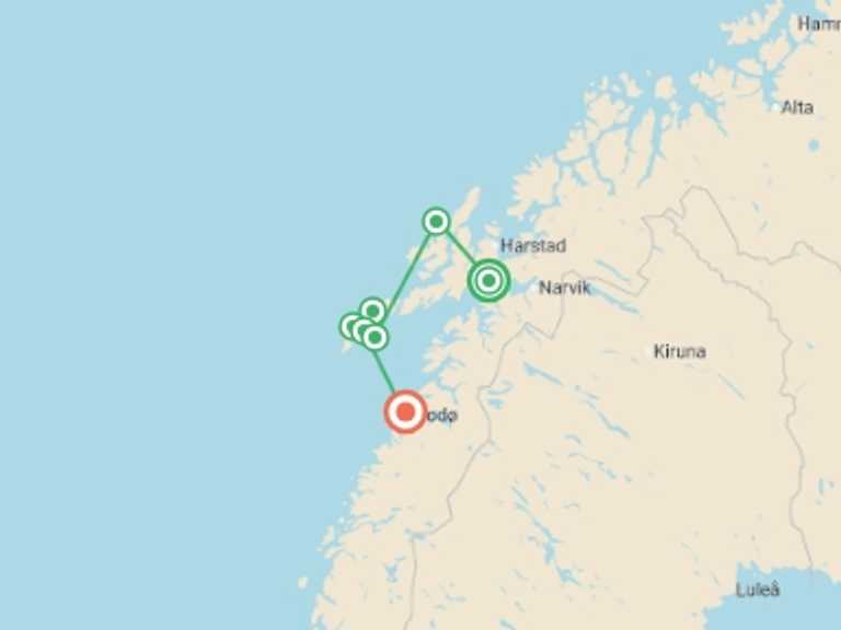 Map itinerary of Europe Tour in July 2026 with 8 destination visits for the trip: Hike the Lofoten and Vesterålen Islands