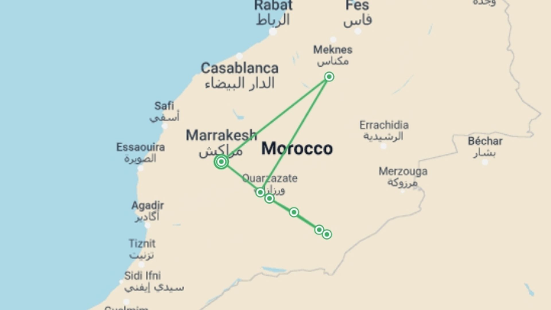 A map showing the tour itinerary for the trip: Family Atlas Mountain and Sahara Adventure, starting in Marrakech, Morocco and ending in Marrakech, Morocco going through 6 other destinations.