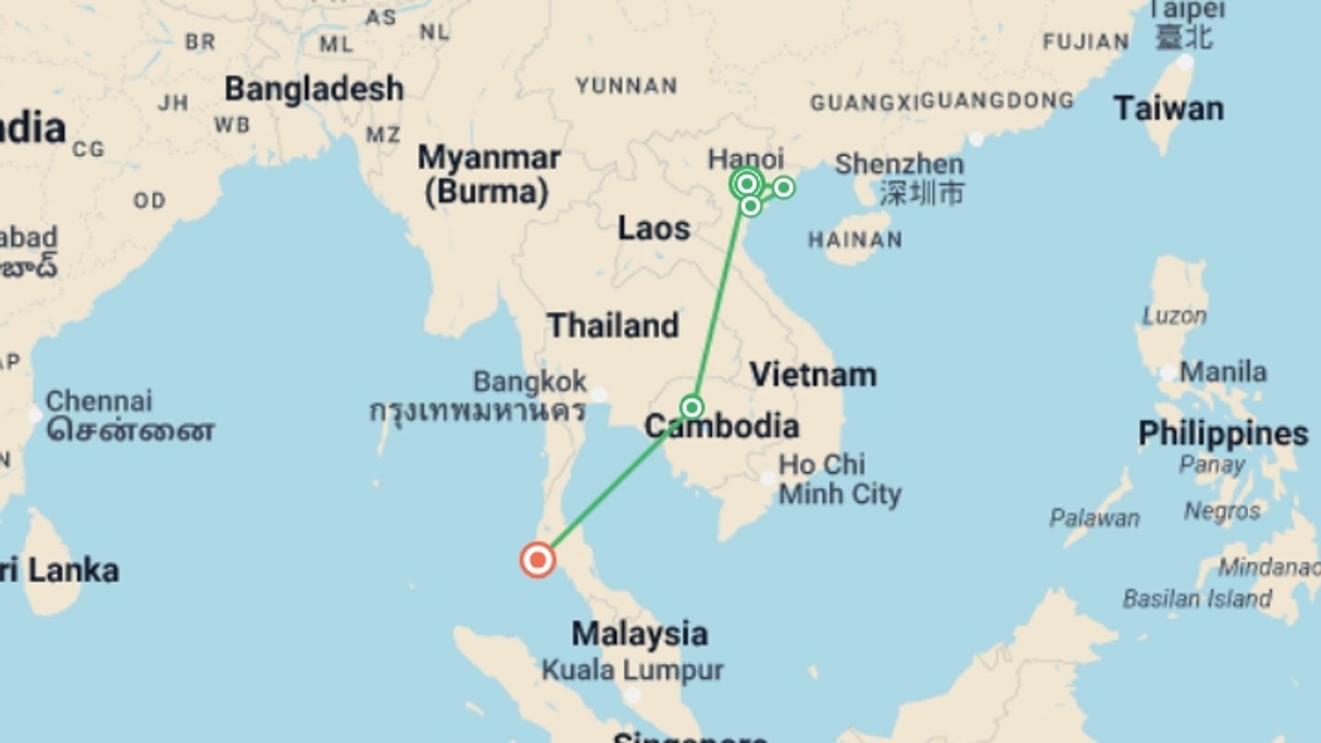 A map showing the tour itinerary for the trip: Ultimate 11-Day Vietnam & Thailand Escape, starting in Hanoi, Vietnam and ending in Phuket, Thailand going through 4 other destinations.