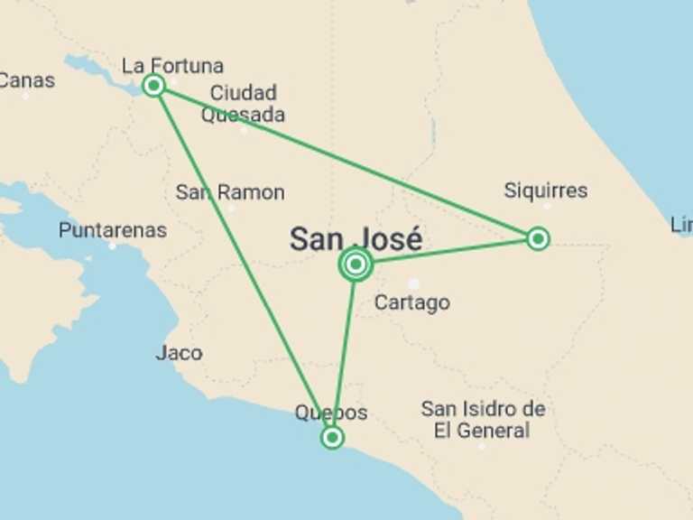 Map of a Romantic Tour with 4 destination visits for the trip: Romantic Adventure In Costa Rica (on Request)