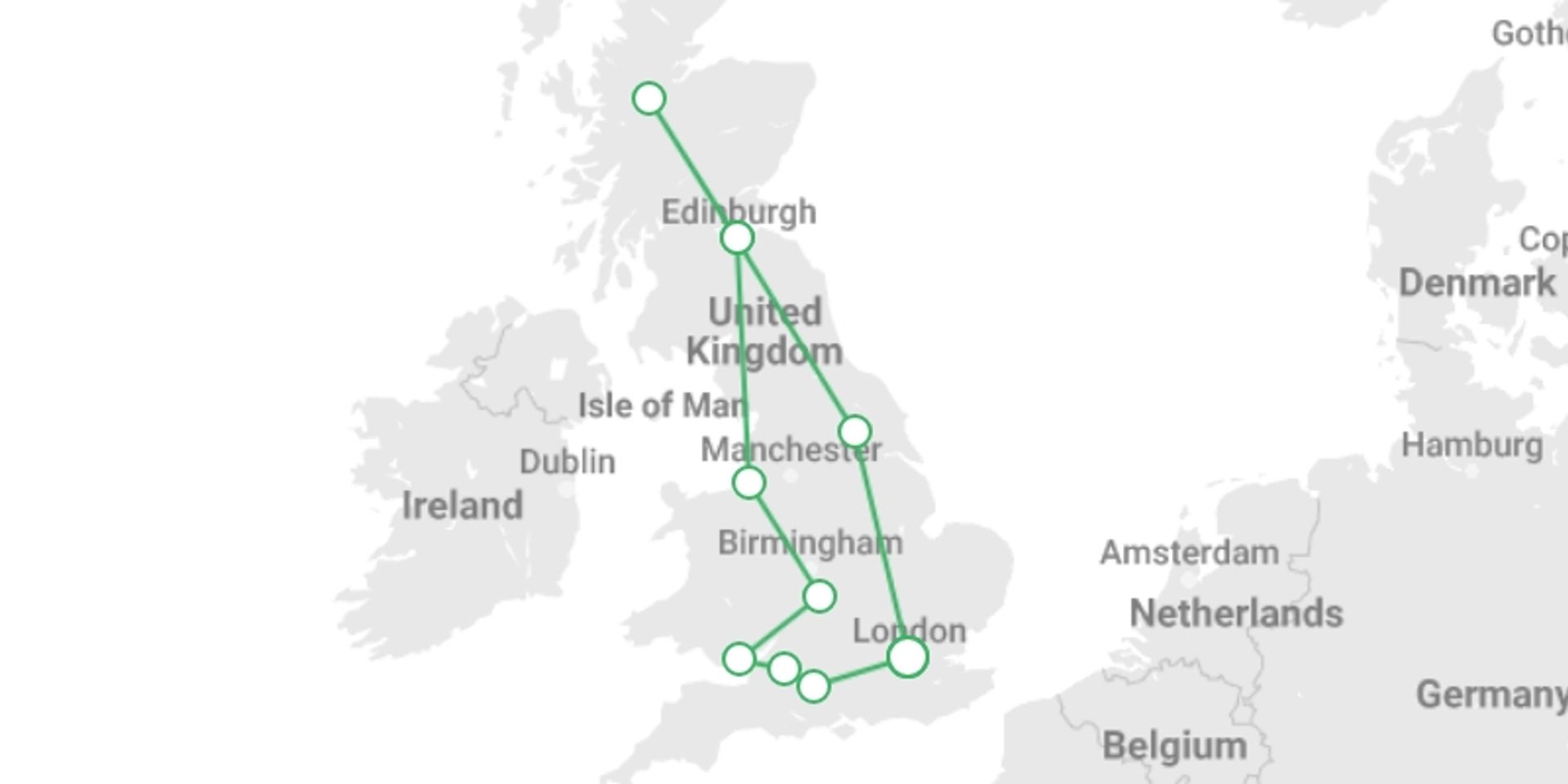 A map showing the tour itinerary for the trip: Great Britain New Year, starting in hotel lobby at holiday inn express london - greenwich, England and ending in London, England going through 7 other destinations.