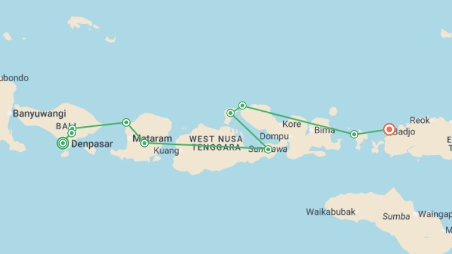 A map showing the tour itinerary for the trip: Bali & Beyond, starting in Canggu, Indonesia and ending in Labuan Bajo, Indonesia going through 8 other destinations.