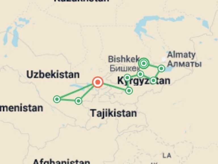 Map of a Museum and gallery visits Tour with 10 destination visits for the trip: Central Asia Explorer