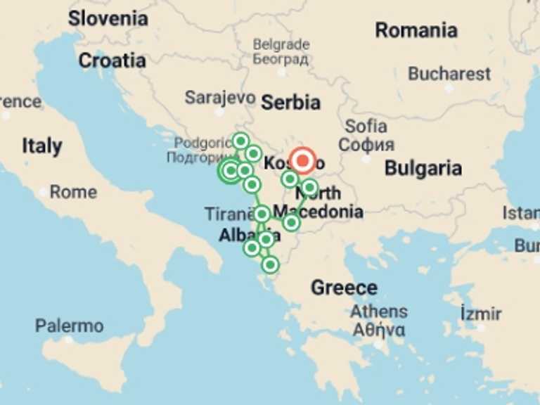 Map itinerary of Kotor Tour in June 2027 with 13 destination visits for the trip: Balkans Discovery:  Montenegro to Kosovo