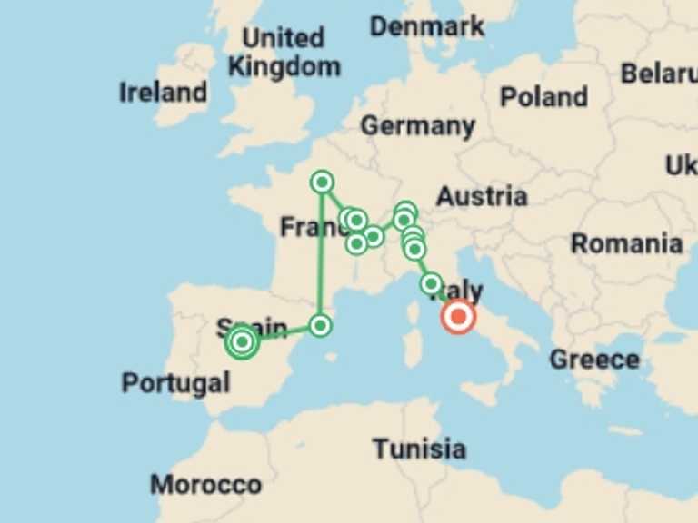 Map of 15-Day Europe Tour with 7 destination visits for the trip: European Wonders
