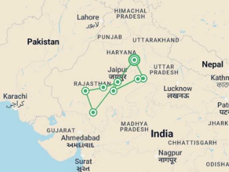 Map of 15-Day New Delhi Tour with 8 destination visits for the trip: Rajasthan Explorer