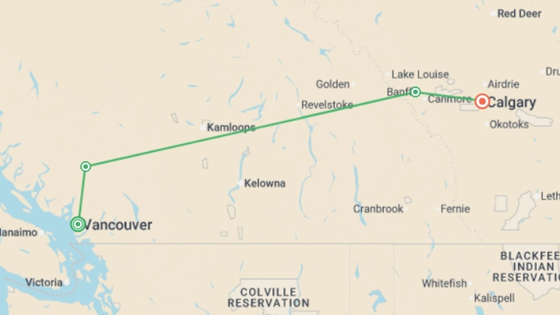 A map showing the tour itinerary for the trip: Ski Canada, starting in Vancouver, Canada and ending in Calgary, Canada going through 2 other destinations.
