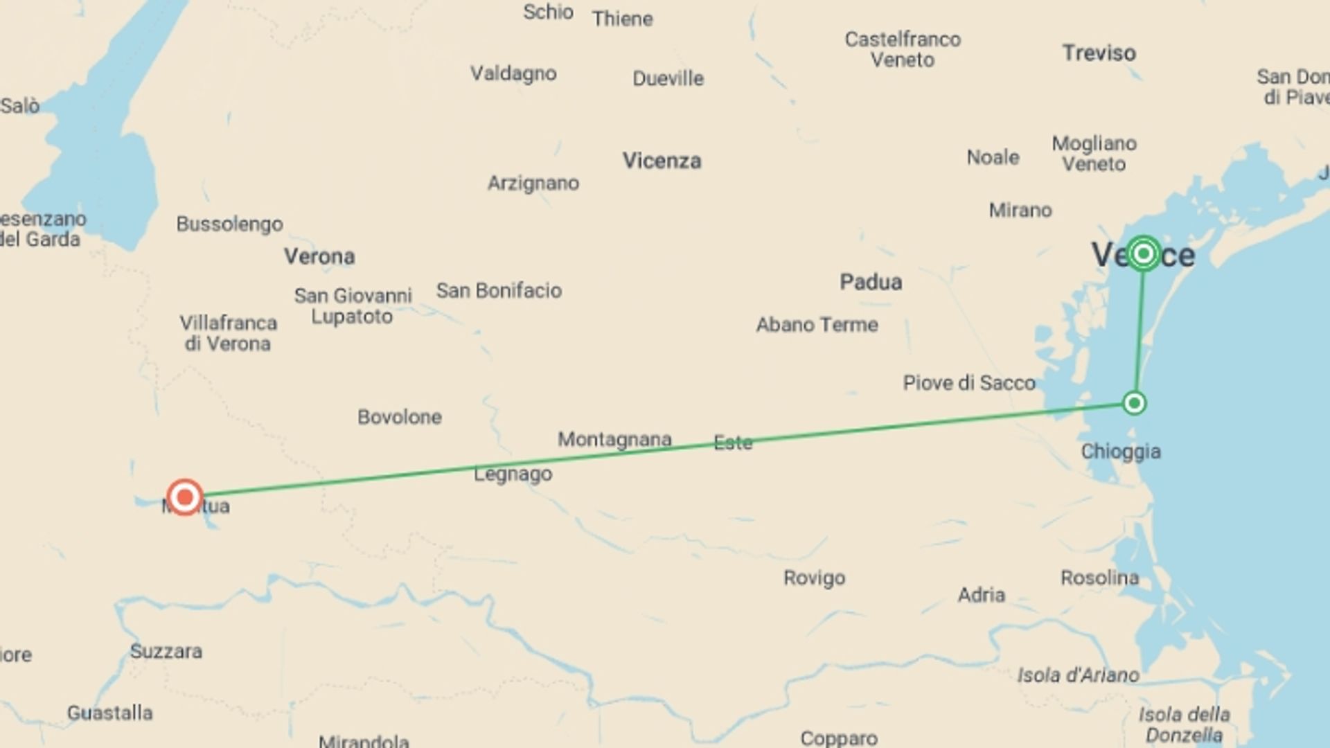 A map showing the tour itinerary for the trip: Veneto Bike & Boat, starting in Venice, Italy and ending in Mantova, Italy going through 2 other destinations.