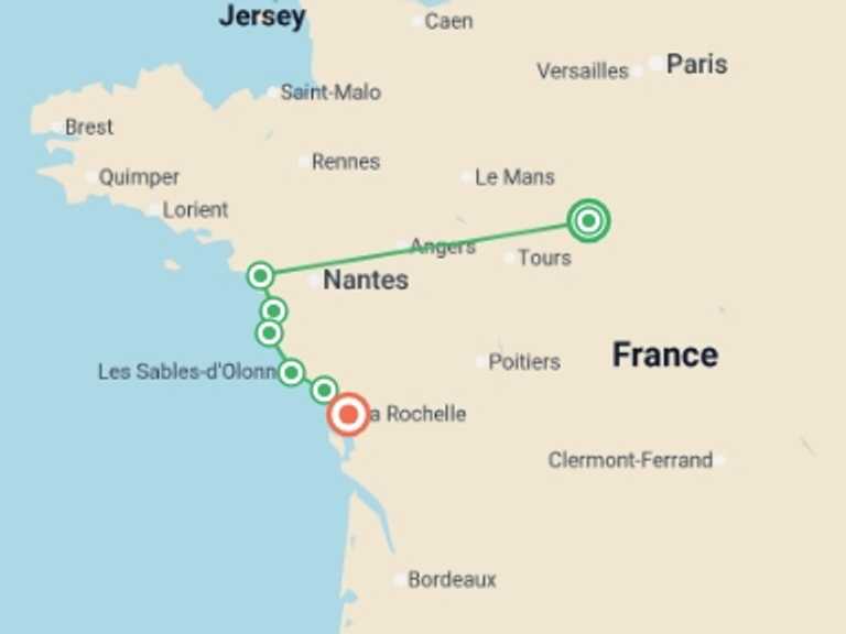 Map itinerary of Europe Tour in October 2026 with 8 destination visits for the trip: Atlantic Coast Cycle -  Nantes to La Rochelle