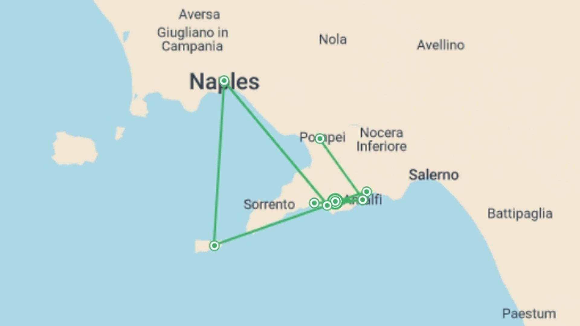 A map showing the tour itinerary for the trip: Highlights of the Amalfi Coast, starting in Bomerano, Italy and ending in Bomerano, Italy going through 6 other destinations.