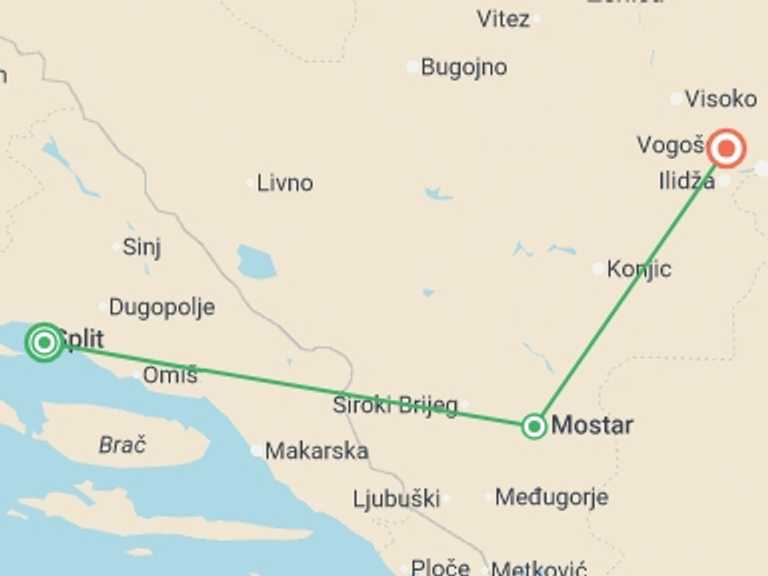 Map itinerary of Mostar Tour in June 2026 with 3 destination visits for the trip: Split to Sarajevo - 4 days