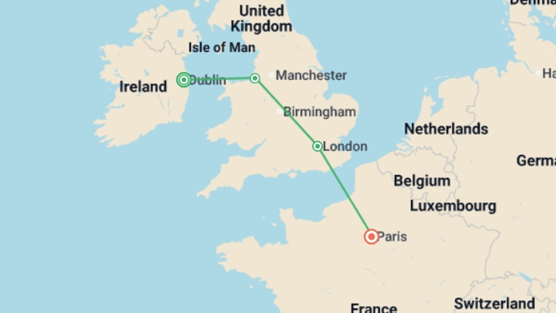 A map showing the tour itinerary for the trip: Exploring Dublin, United Kingdom and Paris, starting in Dublin, Ireland and ending in Paris, France going through 2 other destinations.