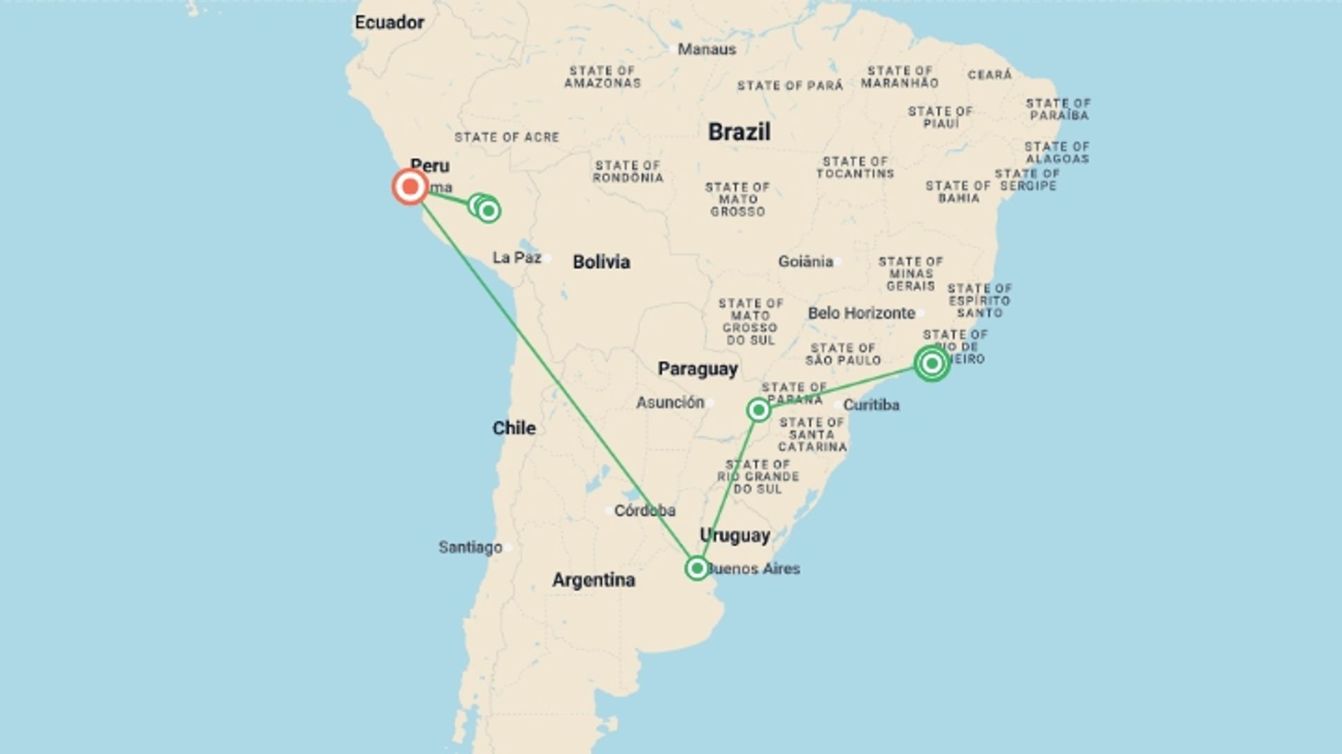 A map showing the tour itinerary for the trip: South America Revealed, starting in Rio de Janeiro, Brazil and ending in Lima, Peru going through 6 other destinations.