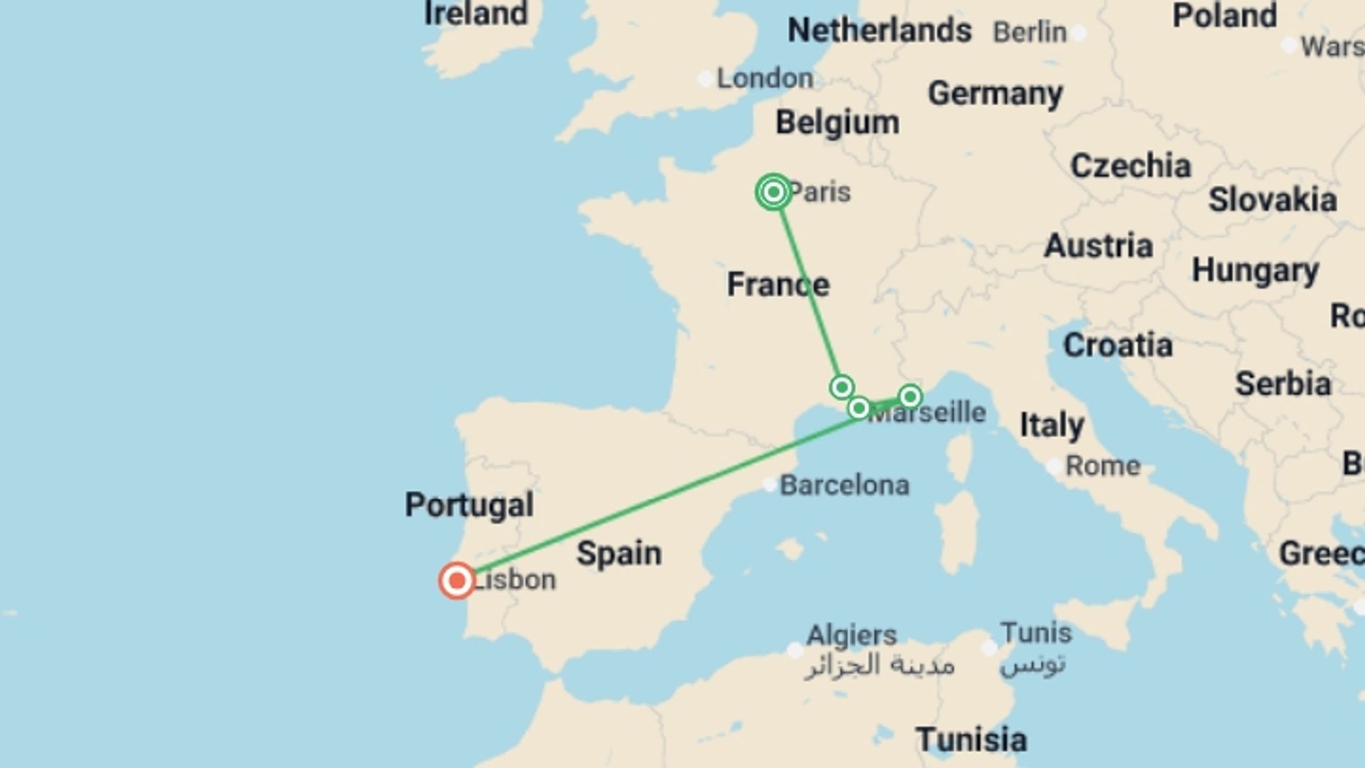 A map showing the tour itinerary for the trip: Scenic French Getaway and Lisbon, starting in Paris, France and ending in Lisbon, Portugal going through 3 other destinations.