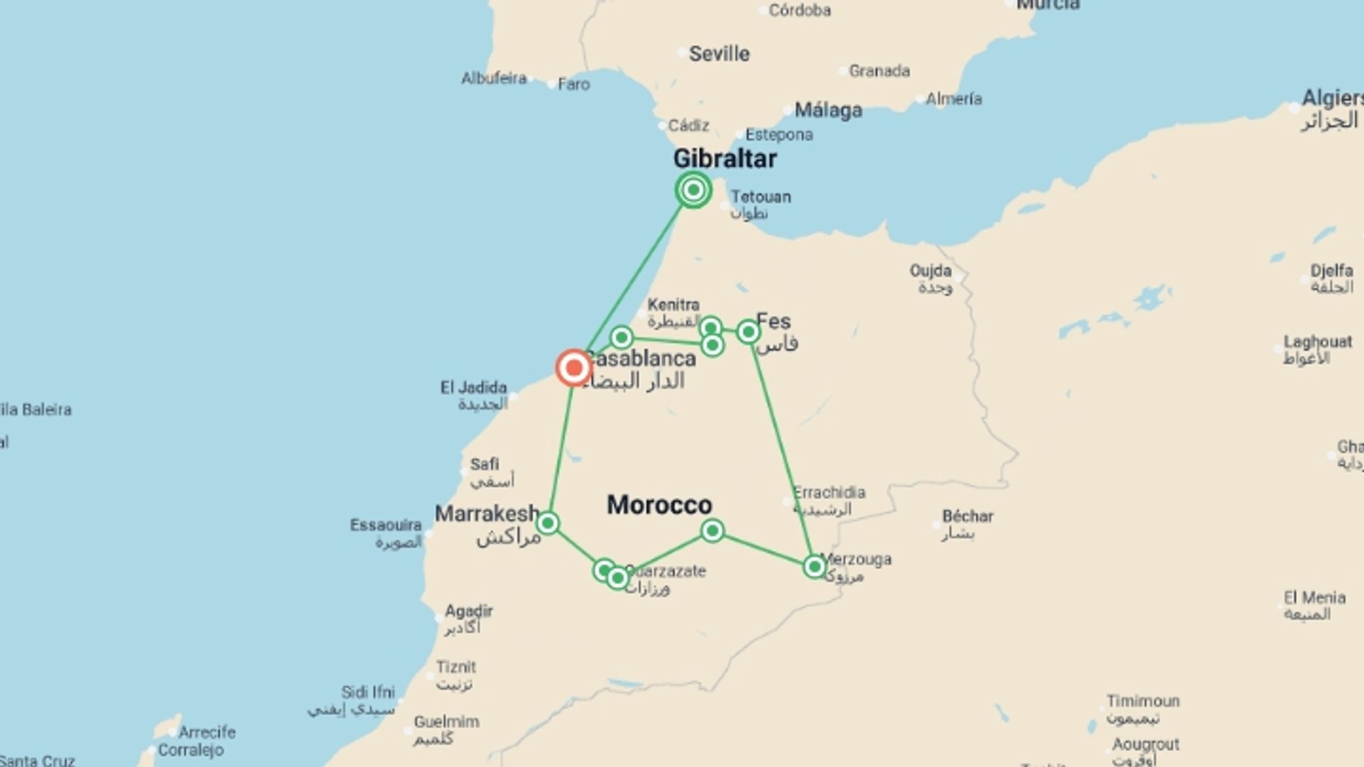 A map showing the tour itinerary for the trip: Road to Casablanca from Tangier - 10 days, starting in Tangier, Morocco and ending in Casablanca, Morocco going through 5 other destinations.