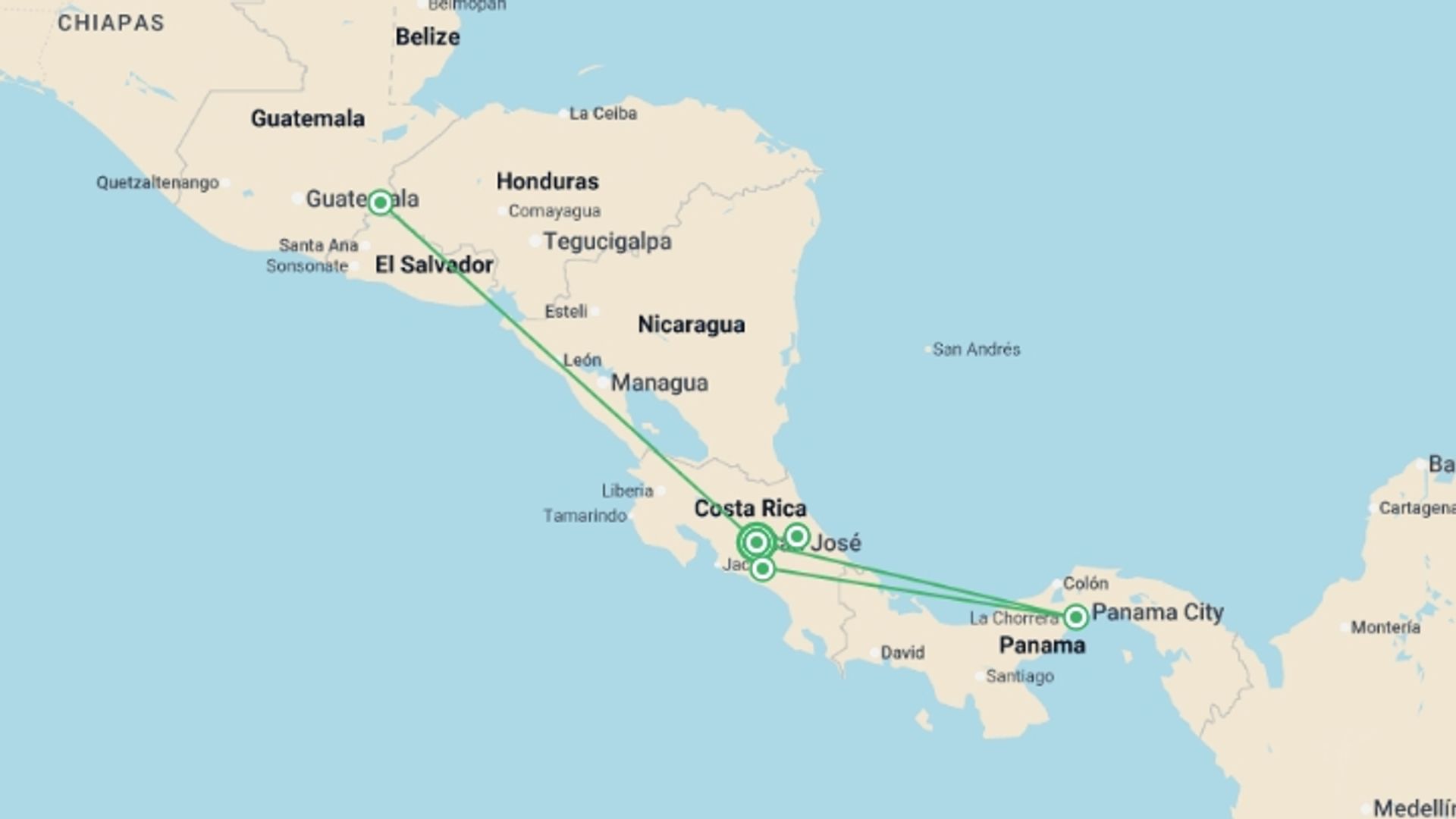 A map showing the tour itinerary for the trip: Costa Rica Traverse, starting in San Jose, Costa Rica and ending in San Jose, Costa Rica going through 4 other destinations.