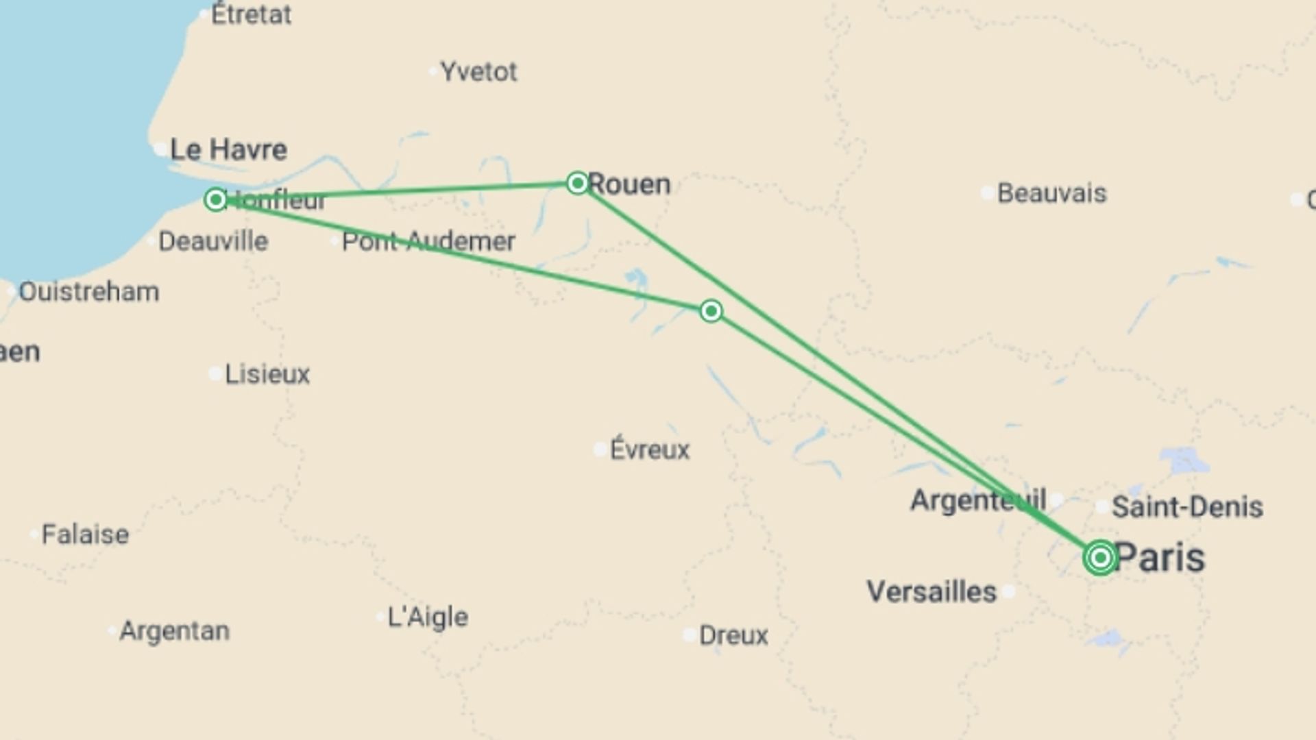 A map showing the tour itinerary for the trip: Art Stopovers along the Seine: Heritage, Impressionism and the Norman Art of Living (port-to-port cruise), starting in Paris, France and ending in Paris, France going through 2 other destinations.