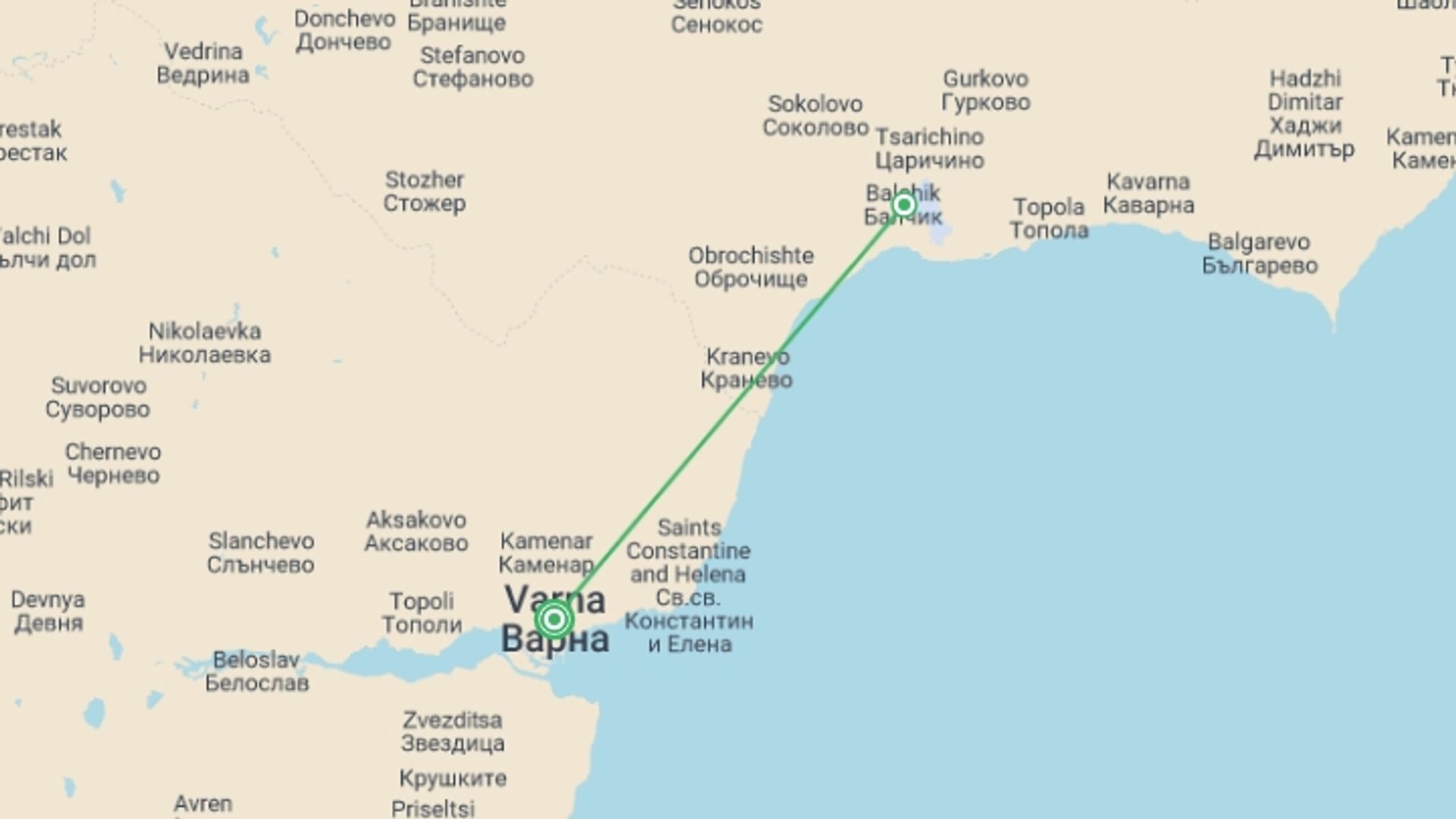 A map showing the tour itinerary for the trip: Varna The Jewel Of The Black Sea, Spanish-speaking Guide, Private Tour, starting in Varna, Bulgaria and ending in Varna, Bulgaria going through 1 other destinations.