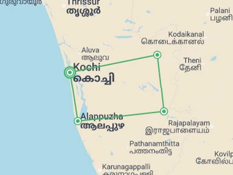 Map itinerary of Kerala & Tamil Nadu Tour in Fall with 5 destination visits for the trip: Kochi, Kerala & Munnar - 5 days