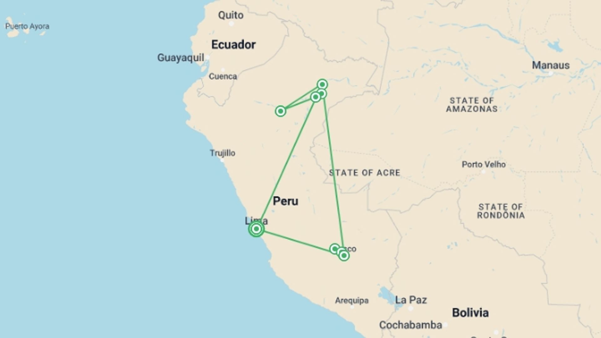 A map showing the tour itinerary for the trip: Peruvian Amazon & Machu Picchu Exploration (2027), starting in Lima, Peru and ending in Lima, Peru going through 6 other destinations.