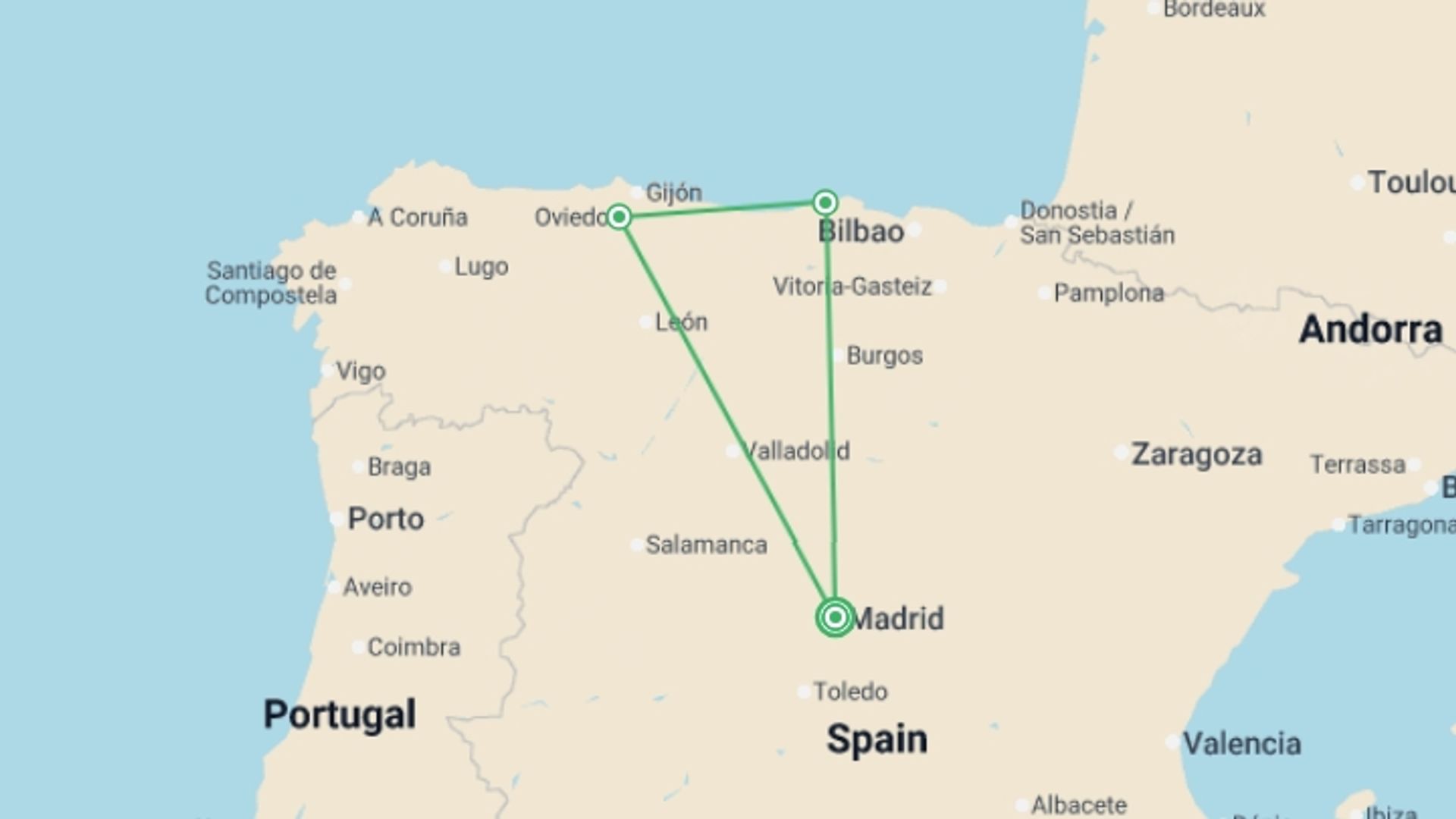 A map showing the tour itinerary for the trip: Madrid and North of Spain, starting in Madrid, Spain and ending in Madrid, Spain going through 2 other destinations.