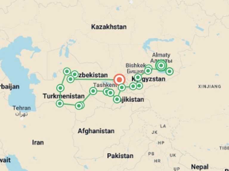 Map of Tashkent Cultural, religious and historic sites Tour with 21 destination visits for the trip: Five Golden Stans 