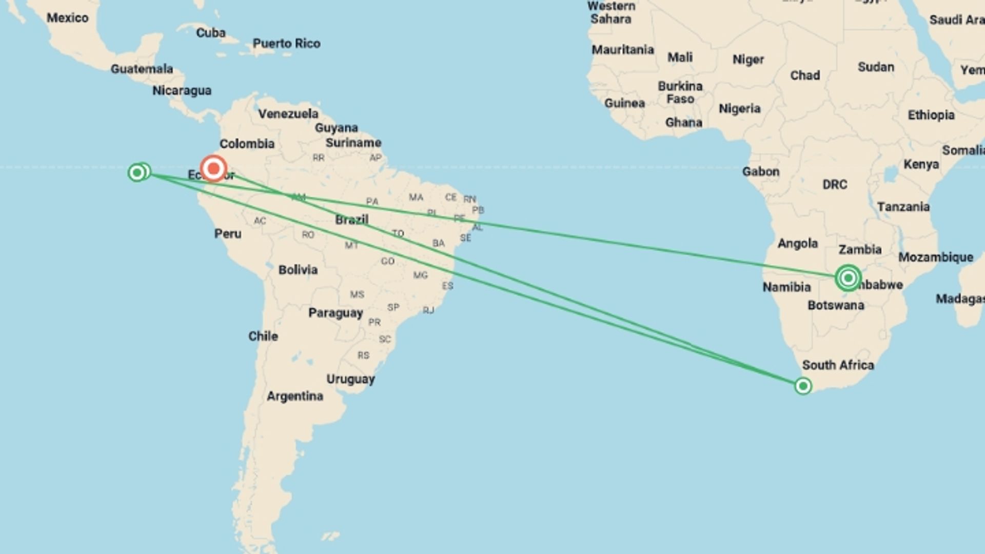 A map showing the tour itinerary for the trip: Best of the Galapagos (5 Days), starting in Victoria Falls, Zimbabwe and ending in Cape Town, South Africa going through 3 other destinations.