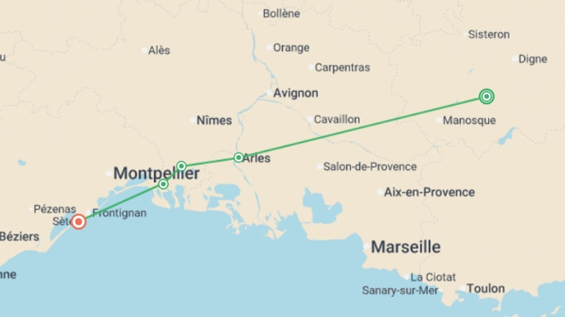 A map showing the tour itinerary for the trip: Charming Provence : a barge cruise in Southern France (port-to-port cruise), starting in Provence, France and ending in Sète, France going through 3 other destinations.