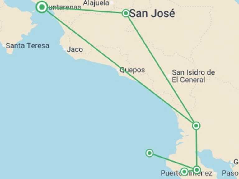 Map itinerary of Central America Tour in Summer with 3 destination visits for the trip: Corcovado Classic Experience, Short Break