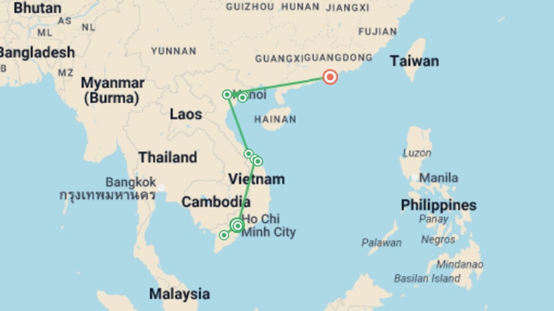 A map showing the tour itinerary for the trip: Best Of Vietnam and Hong Kong, starting in Ho Chi Minh City, Vietnam and ending in Hong Kong, Hong Kong going through 5 other destinations.