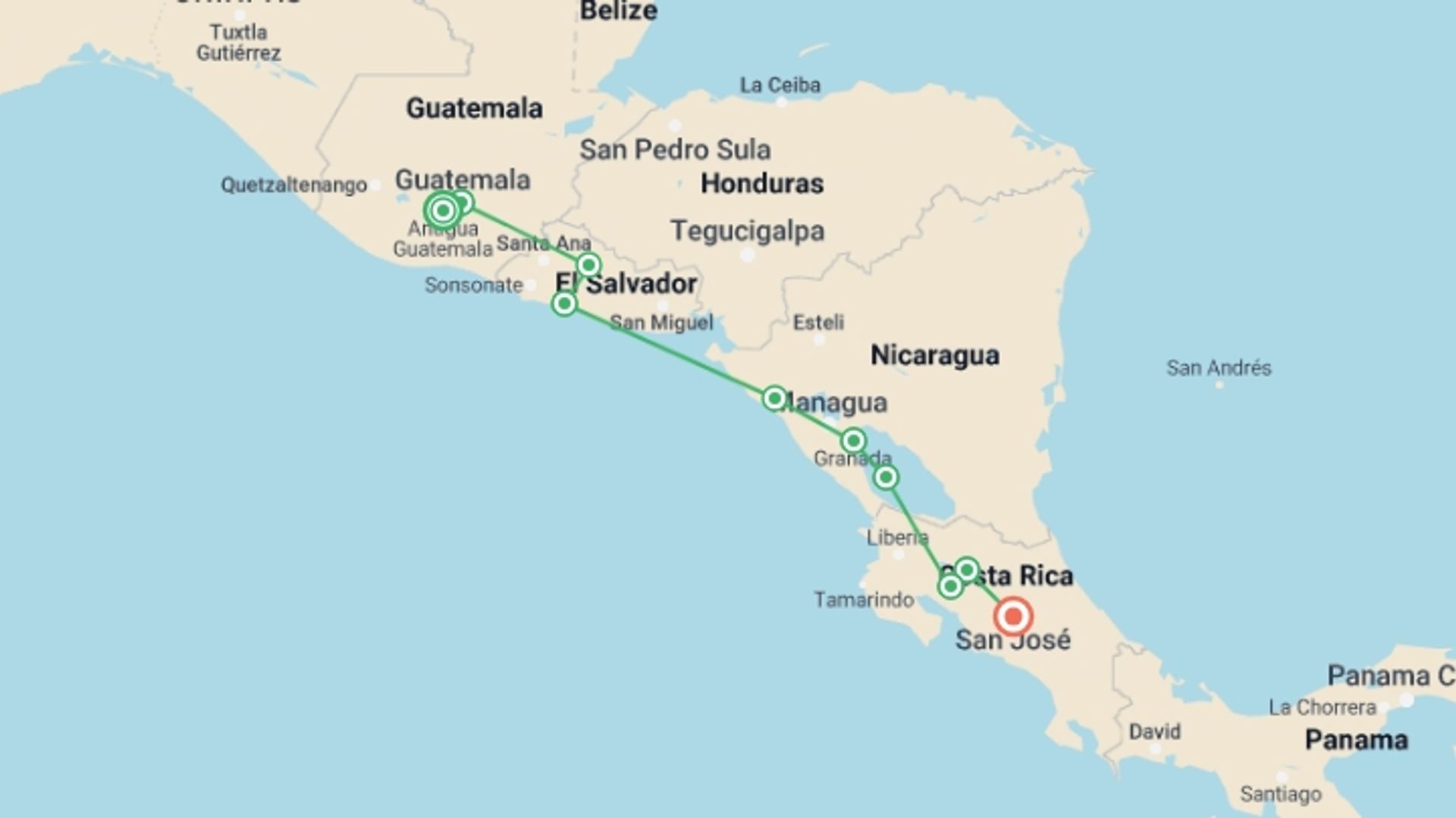 A map showing the tour itinerary for the trip: Basic Central America: Guatemala to Costa Rica, starting in Antigua, Guatemala and ending in San Jose, Costa Rica going through 8 other destinations.