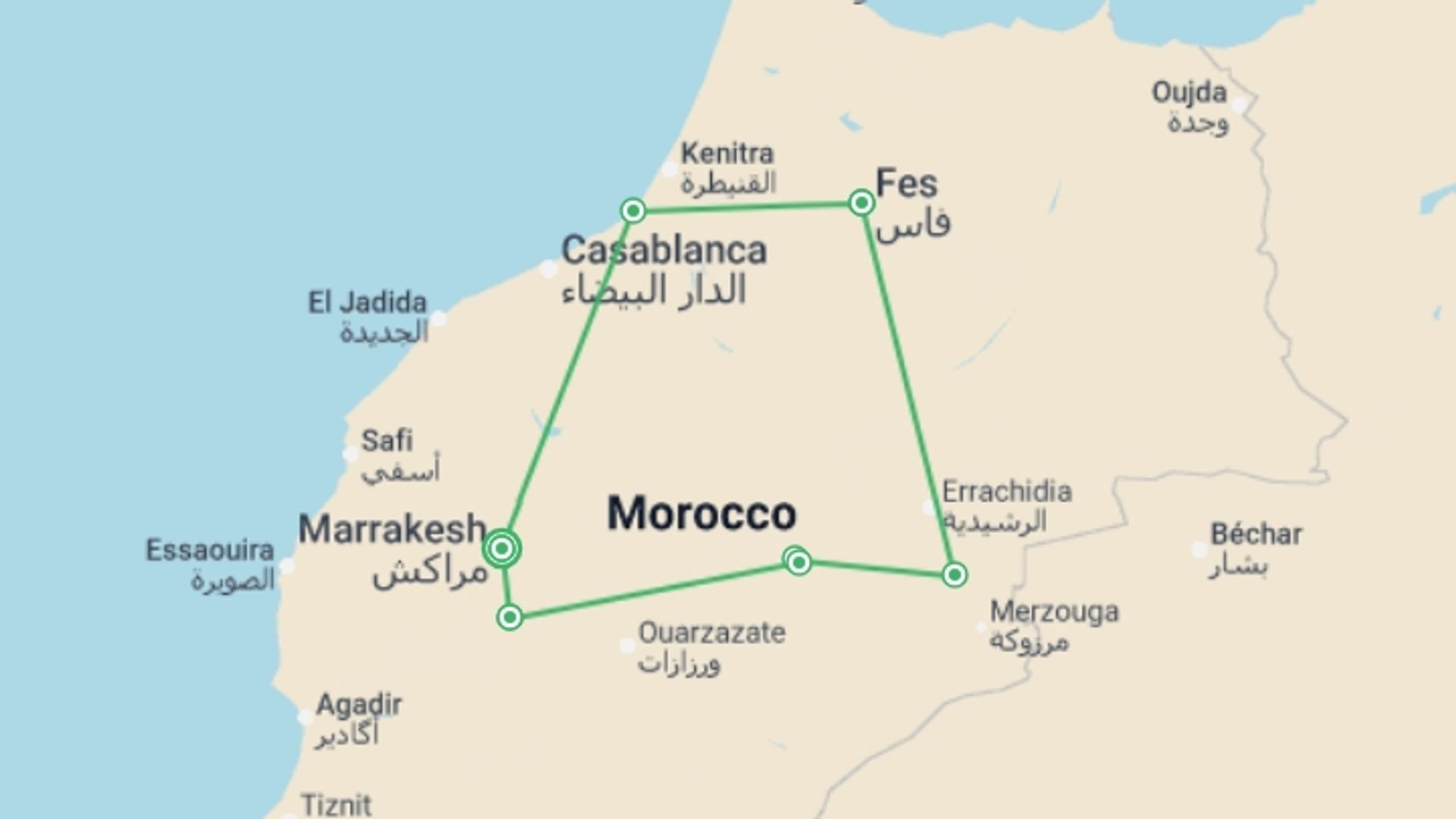 A map showing the tour itinerary for the trip: Discover Morocco, starting in Marrakech, Morocco and ending in Marrakech, Morocco going through 6 other destinations.