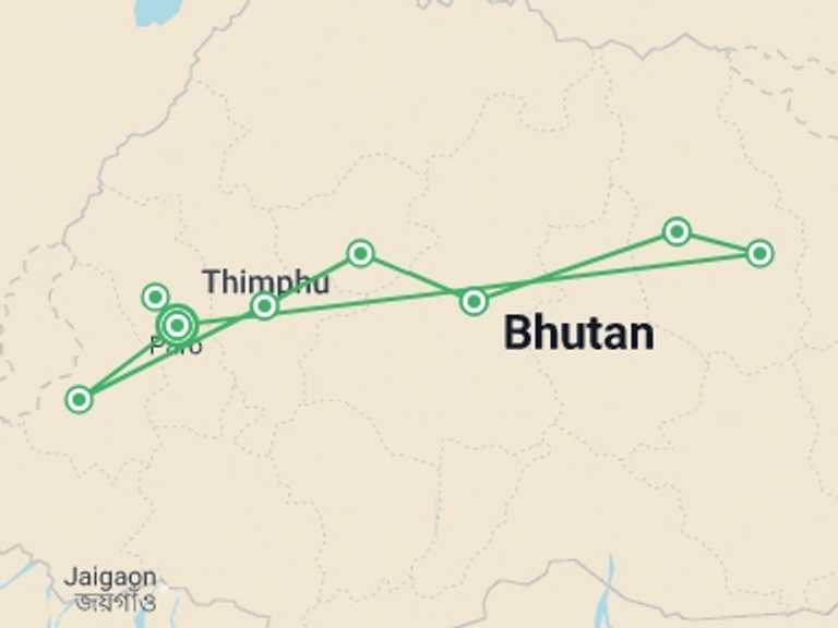 Map itinerary of Thimphu Tour in March 2026 with 7 destination visits for the trip: Bhutan Cultural Journey