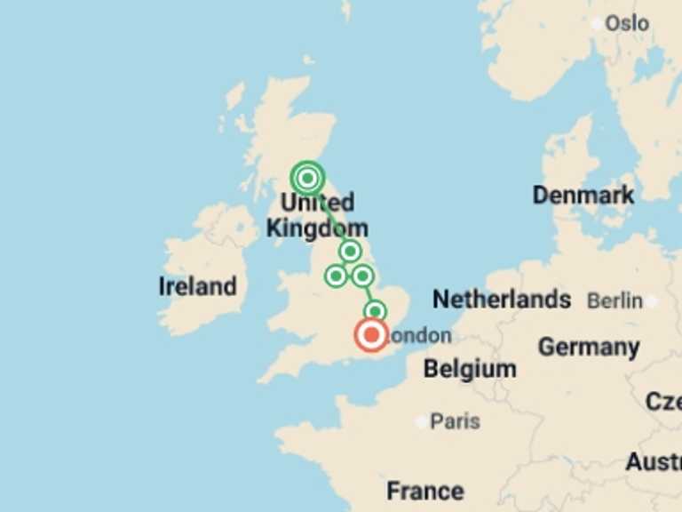 Map of Europe Tour with 7 destination visits for the trip: Enchanting Eastern England